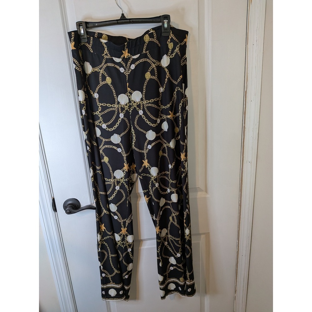 Boston Proper Womens XL Nautical Chain Seashell Print Wide Leg Pants Black Gold
